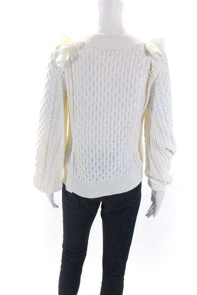 525 Womens Cable Knit Ruffled Long Sleeves Sweater White Cotton Size Small