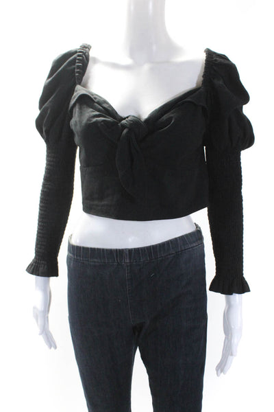 Bardot Womens Linen Long Sleeves Twist Knot Cropped Blouse Black Size 8