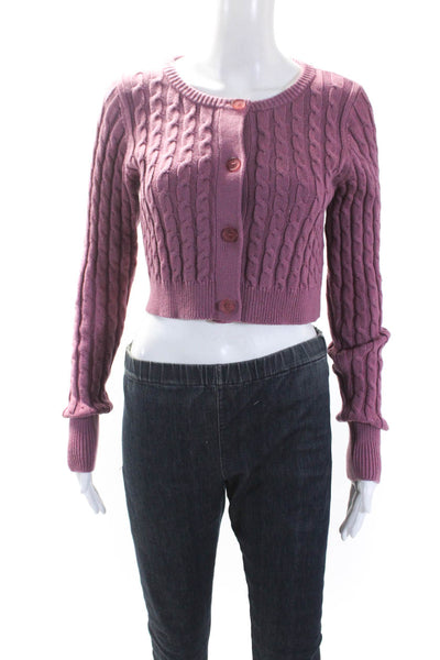 525 Womens Cable Knit Long Sleeves Button Down Cardigan Sweater Pink Size Small