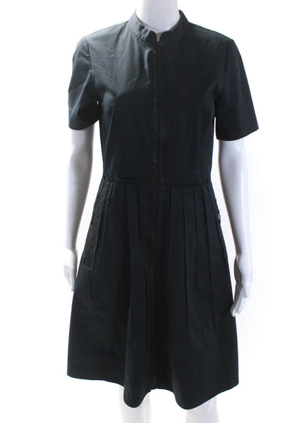 Elie Tahari Womens Woven Zip Up Short Sleeve A-Line Pleated Dress Navy Size 6