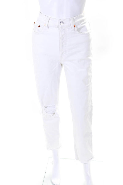 Re/Done Womens Distressed Denim Button Fly Straight Leg Jeans White Size 27