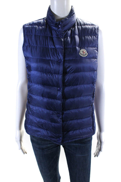 Moncler Womens Button Front Logo Mock Neck Down Quilted Vest Jacket Blue Size 2