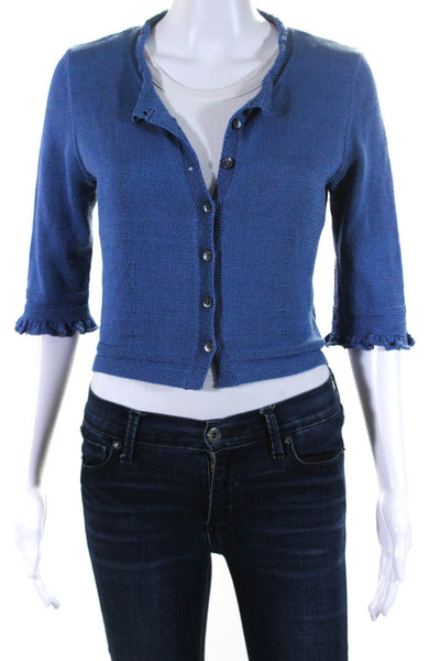 Mamon Foale Womens Cotton Ruffle Trim Open Front Cardigan Sweater Blue Size S