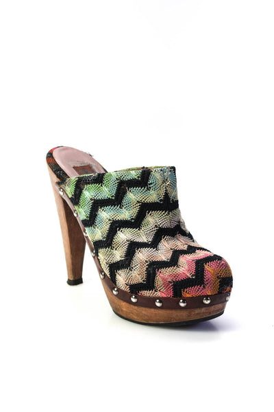 Missoni Womens Knit Chevron Wooden Stiletto Mules Pumps Pink Blue Brown 37 7