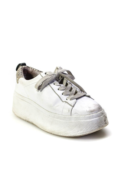 Ash Womens Leather Animal Print Lace-Up Tied Platform Sneakers White Size EUR37