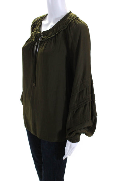 Ramy Brook Womens Long Sleeve Ruched Drawstring Dark Green Ruffled Blouse Size S
