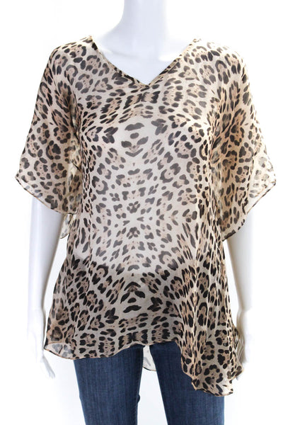 Melissa Odabash Womens Silk Chiffon Jaguar Print V-Neck Blouse Top Brown Size OS