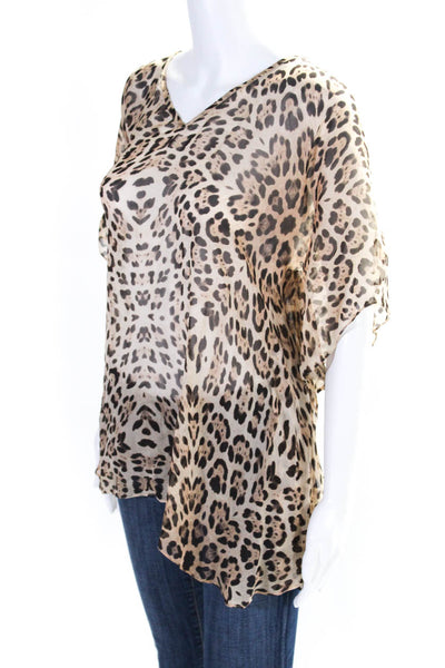 Melissa Odabash Womens Silk Chiffon Jaguar Print V-Neck Blouse Top Brown Size OS