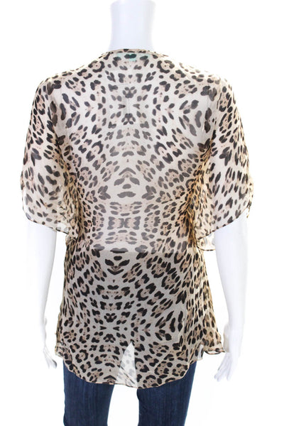 Melissa Odabash Womens Silk Chiffon Jaguar Print V-Neck Blouse Top Brown Size OS