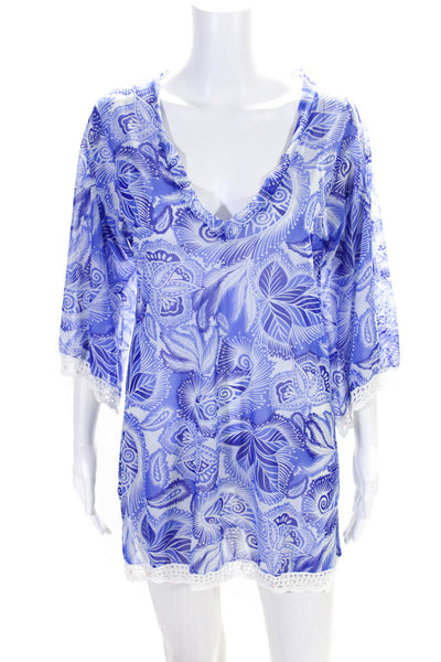 Letarte Womens Floral Print 3/4 Sleeve V-Neck Tunic Top Cover Up Blue Size XS