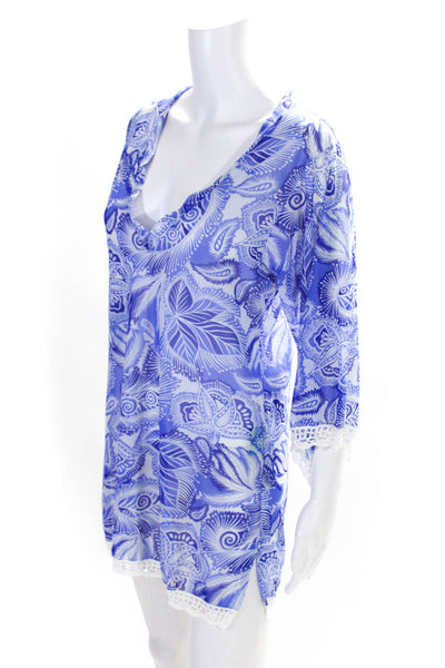 Letarte Womens Floral Print 3/4 Sleeve V-Neck Tunic Top Cover Up Blue Size XS