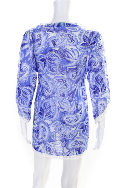 Letarte Womens Floral Print 3/4 Sleeve V-Neck Tunic Top Cover Up Blue Size XS