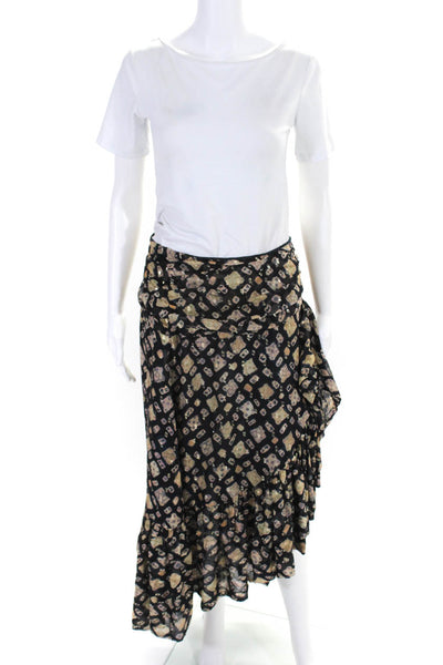Ulla Johnson Womens Side Zip Abstract Silk Midi A Line Skirt Black Brown Size 6
