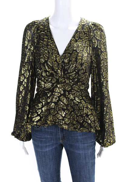 ALC Womens Side Zip Metallic Leopard V Neck Silk Twist Top Black Gold Size 8
