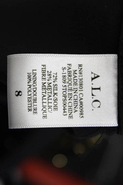 ALC Womens Side Zip Metallic Leopard V Neck Silk Twist Top Black Gold Size 8