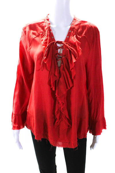 IRO Womens Long Sleeve Ruffle Trim V Neck Lace Up Blouse Red Size 42