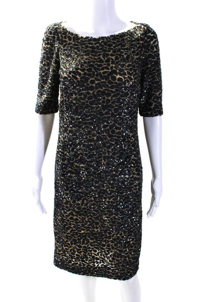 Michael Kors Collection Womens Short Sleeve Mesh Sequin Dress Brown Navy Size 10