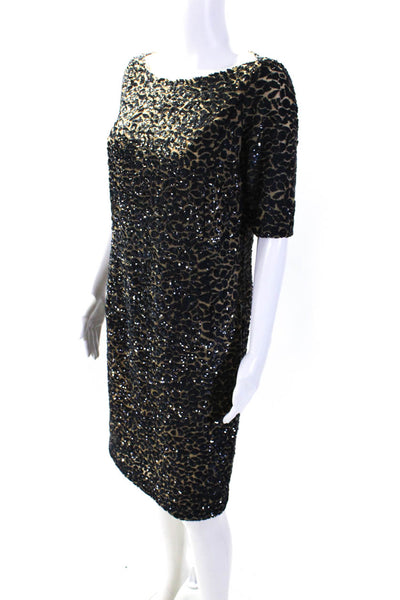 Michael Kors Collection Womens Short Sleeve Mesh Sequin Dress Brown Navy Size 10