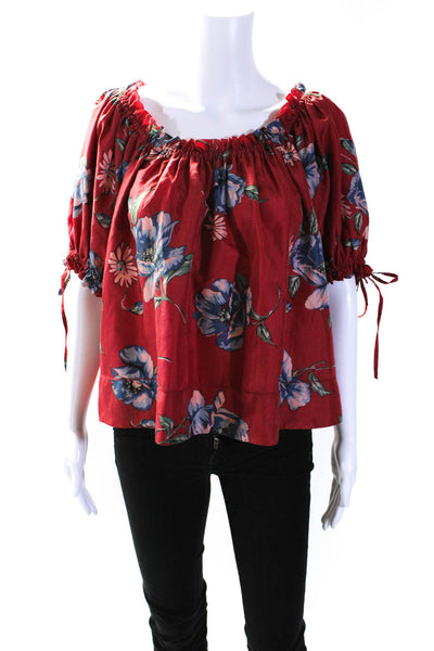 The Great Womens Short Sleeve Off Shoulder Floral Silk Top Red Blue Size 2