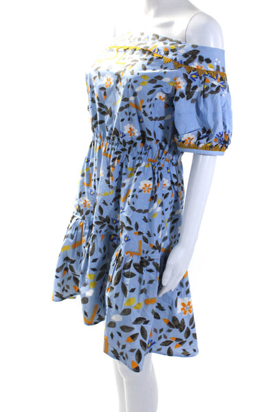 PETER PILOTTO Womens Cotton Floral Off The Shoulder A-Line Dress Blue Size 6