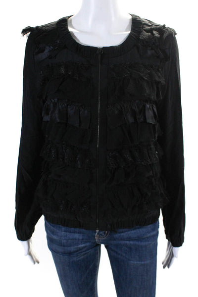 Rebecca Taylor Womens Front Zip Long Sleeve Sheer Lace Silk Jacket Black Size 4