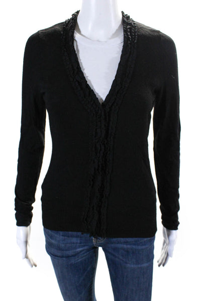 Tahari Womens Button Front Ruffled Trim V Neck Cardigan Sweater Black Size XS