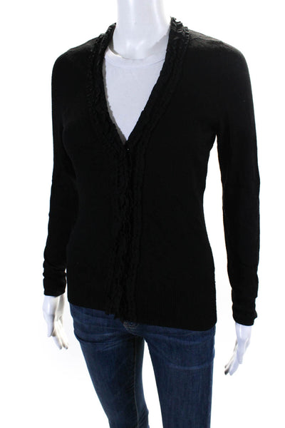 Tahari Womens Button Front Ruffled Trim V Neck Cardigan Sweater Black Size XS