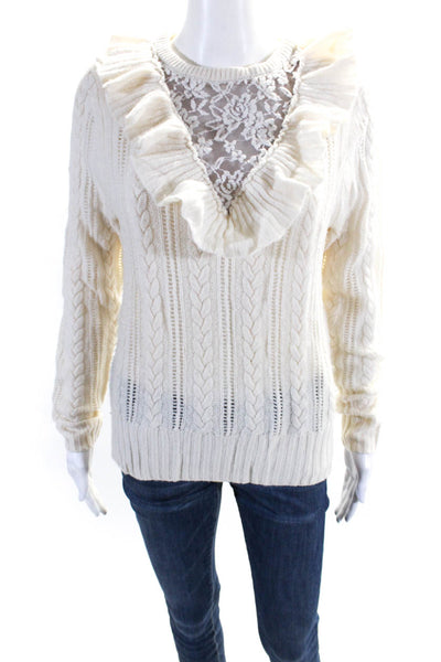 Nightcap Clothing Womens Lace Trim Ruffled Cable Knit Sweater White Wool Size 1