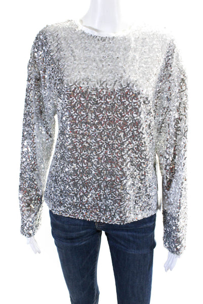 Something Navy Womens Long Sleeve Crew Neck Sequin Top Silver Tone White Size XS