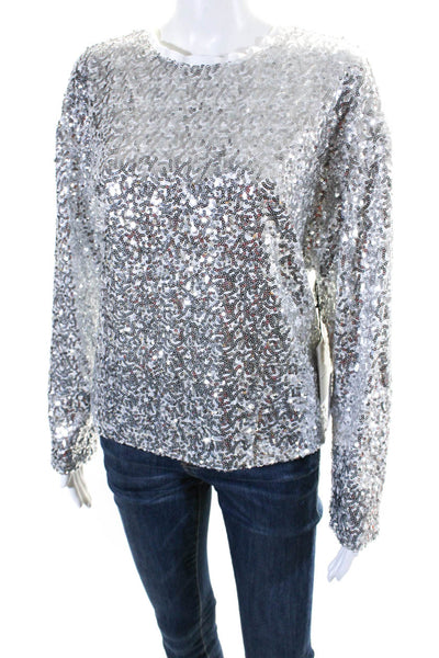 Something Navy Womens Long Sleeve Crew Neck Sequin Top Silver Tone White Size XS