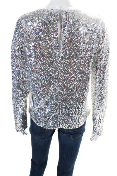 Something Navy Womens Long Sleeve Crew Neck Sequin Top Silver Tone White Size XS