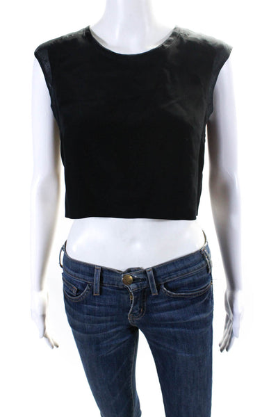 Jennifer Hope Womens Crepe Crew Neck Sleeveless Zip Up Crop Top Black Size S