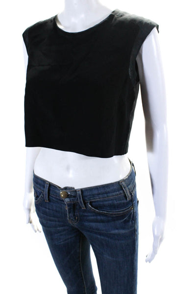 Jennifer Hope Womens Crepe Crew Neck Sleeveless Zip Up Crop Top Black Size S