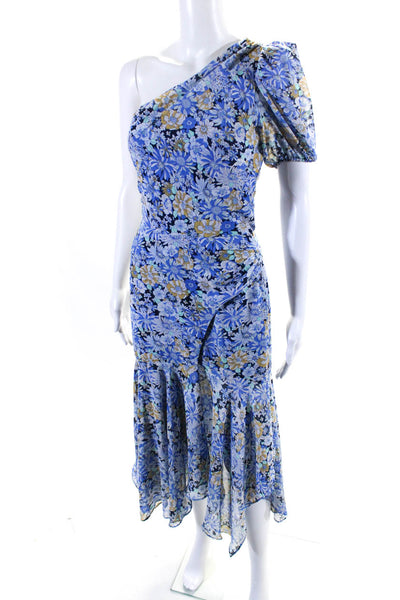 ASTR Womens Chiffon Floral Print Ruffled Hem One Shoulder Dress Blue Size XS
