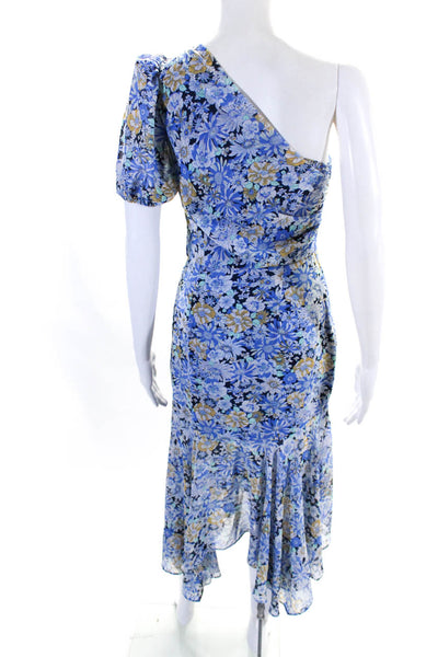 ASTR Womens Chiffon Floral Print Ruffled Hem One Shoulder Dress Blue Size XS