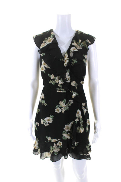 Bardot Womens Floral Print Short Sleeves V Neck Belted A Line Dress Black Size 4