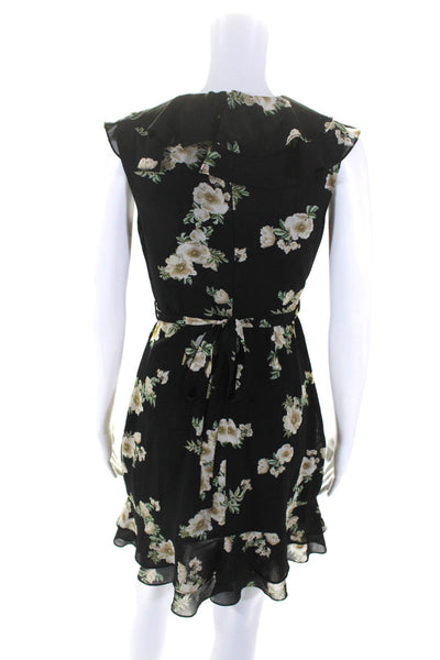 Bardot Womens Floral Print Short Sleeves V Neck Belted A Line Dress Black Size 4