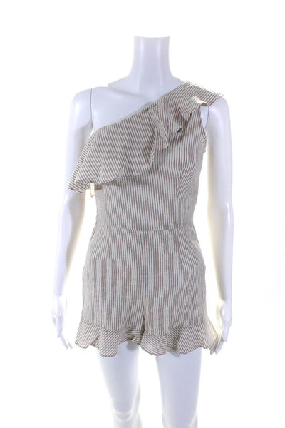 Intermix Womens Linen Striped One Shoulder Romper Beige White Size Petite