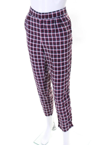 Equipment Femme Womens Silk Plaid Elastic Waist Pants Trousers Red Size S