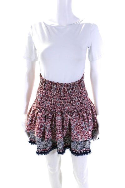Misa Womens Abstract Print Smocked Fringe Trim Tiered Skirt Red Blue Size S