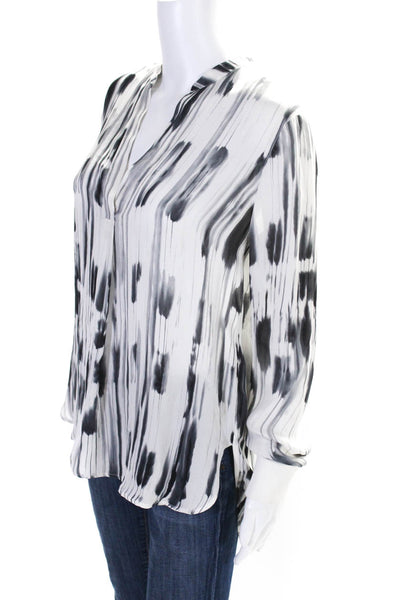 Vince Womens Abstract Print V-Neck Long Sleeve Pullover Blouse Top White Size S