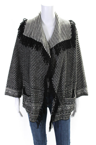 Joie Womens Knit Striped Tassel Trim Open Front Cardigan Sweater Black Size S