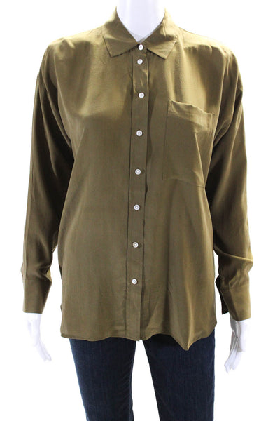 Everlane Womens Silk Buttoned Collared Long Sleeve Blouse Top Green Size 0