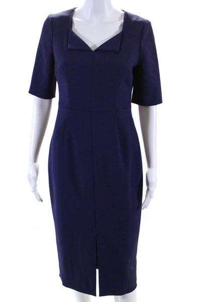 L.K. Bennett Womens Short Sleeve Split Neck Midi Sheath Dress Navy Blue Size 6