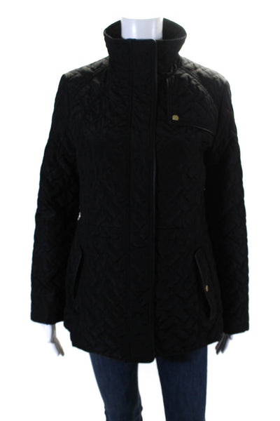 Cole Haan Womens Black Quilted Mock Neck Full Zip Long Sleeve Coat Size M