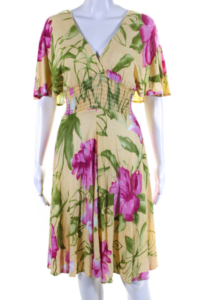 Le Shack By Tracy Feith Womens Floral Print V Neck A Line Dress Yellow Size 6