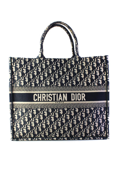 Christian Dior Womens Dark Blue Beige Printed Canvas Book Tote Bag Handbag