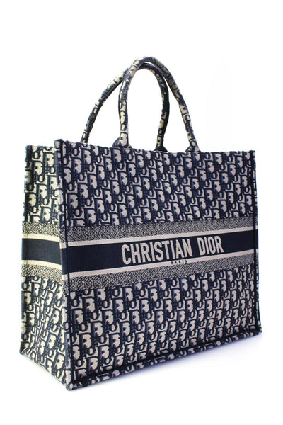 Christian Dior Womens Dark Blue Beige Printed Canvas Book Tote Bag Handbag