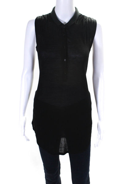 ATM Womens Jersey Knit 1/2 Button Up Sleeveless Blouse Top Black Size M