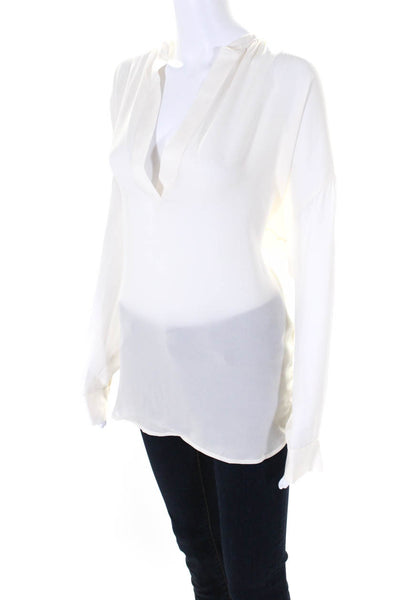 Vince Womens Silk Round Hem V-Neck Long Sleeve Pullover Blouse Top Beige Size S